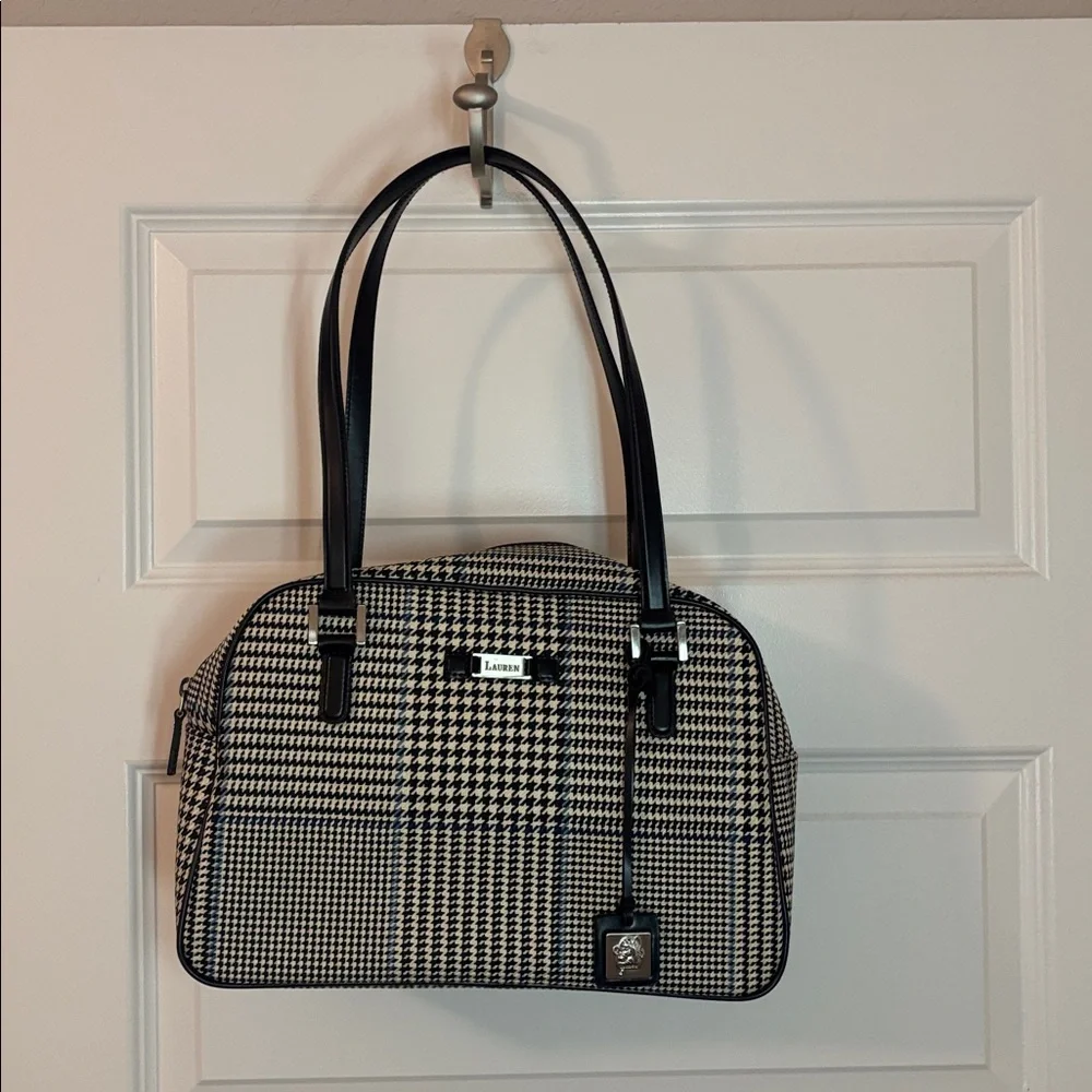 VTG Lauren Ralph Lauren houndstooth bowler bag  black, blue & ecru silver accent - Picture 2 of 14